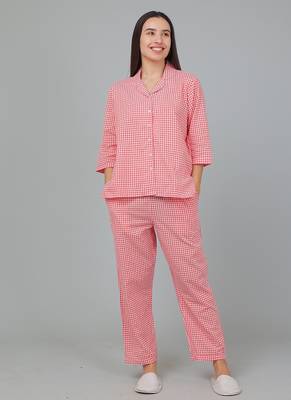 Red checks printed cotton co-ord set for women 4