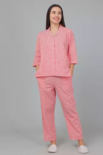 Red checks printed cotton co-ord set for women