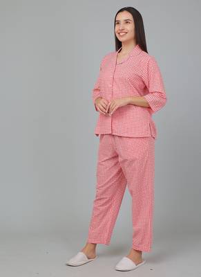 Red checks printed cotton co-ord set for women 5