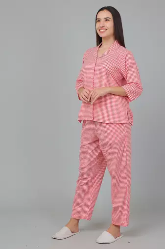 Red checks printed cotton co-ord set for women