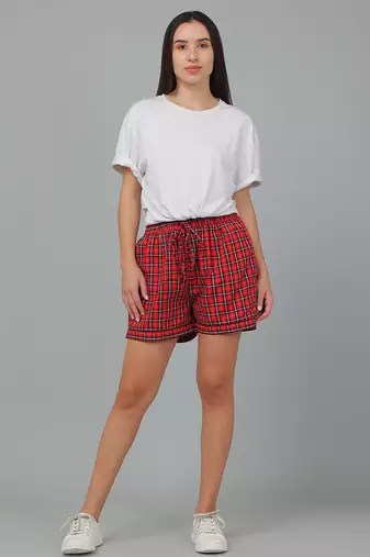 Red printed cotton casual shorts for women- Free size 