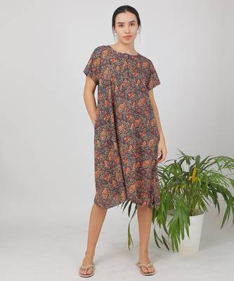 Blue cotton floral printed casual dress for women 2