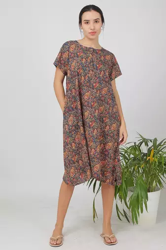Blue cotton floral printed casual dress for women
