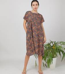 Blue cotton floral printed casual dress for women