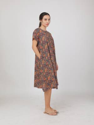 Blue cotton floral printed casual dress for women 5