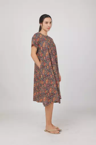Blue cotton floral printed casual dress for women