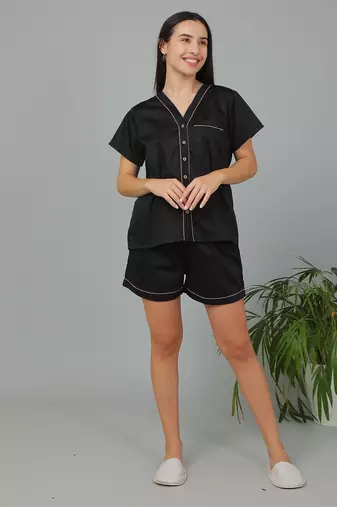 Black cotton plain shorts co-ord set for women