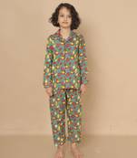 Green printed cotton comfortable unisex kids co-ord set