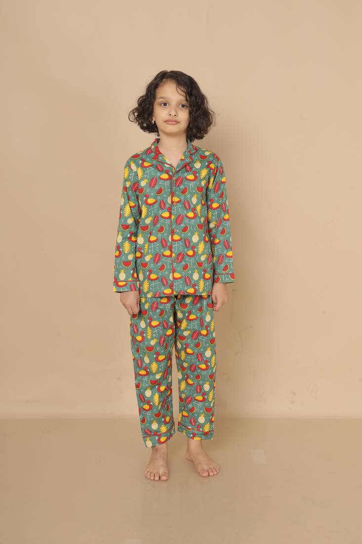 Green printed cotton comfortable unisex kids co-ord set