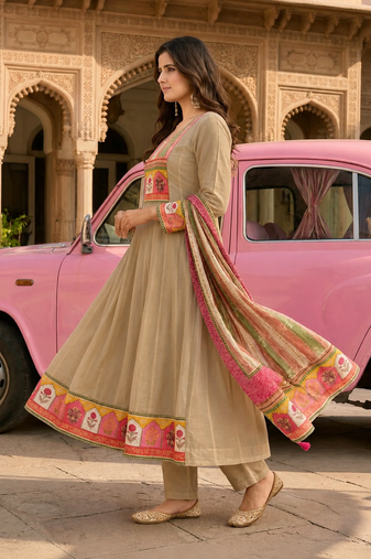 Beige ethnic printed satin stitched anarkali kurta set with straight pant for women