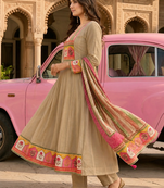 Beige ethnic printed satin stitched anarkali kurta set with straight pant for women