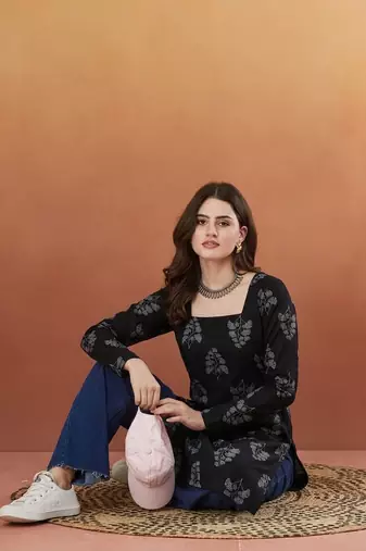 Indian handmade block printed women's rayon fabric designer black tops & tunics