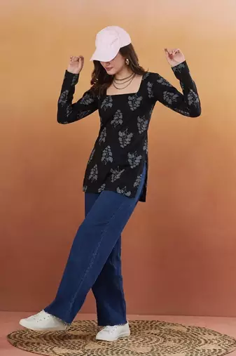 Indian handmade block printed women's rayon fabric designer black tops & tunics