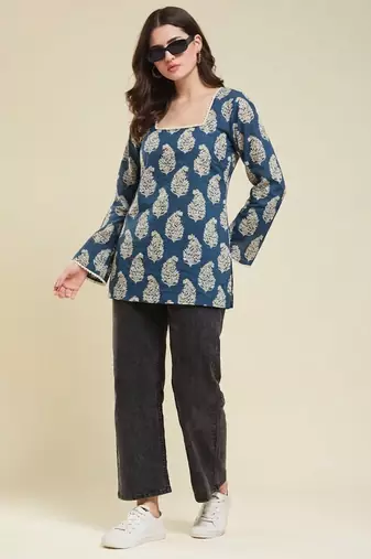 Women's rayon printed designer casual wear blue short kurti