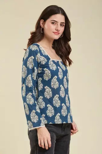 Women's rayon printed designer casual wear blue short kurti