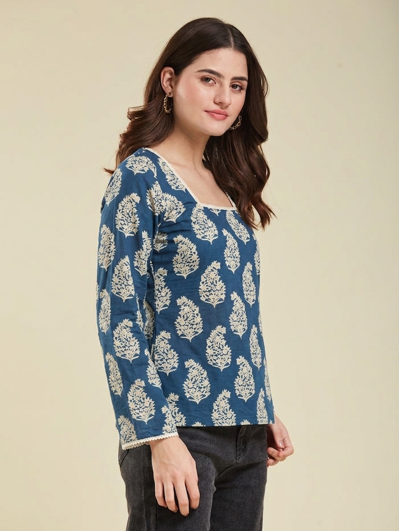 Women's rayon printed designer casual wear blue short kurti