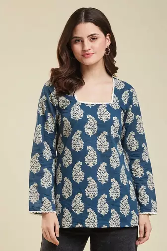 Women's rayon printed designer casual wear blue short kurti