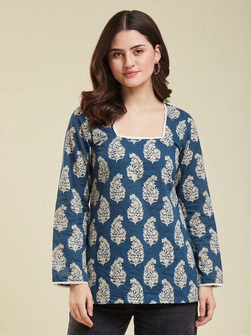 Women's rayon printed designer casual wear blue short kurti