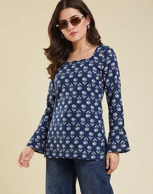 Party wear fashionable indian designer handprinted short ethnic blue short kurti 1
