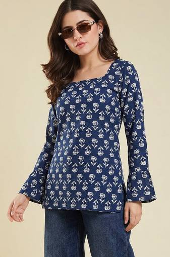 Party wear fashionable indian designer handprinted short ethnic blue short kurti