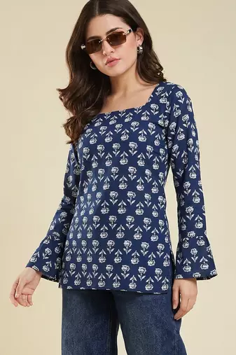 Party wear fashionable indian designer handprinted short ethnic blue short kurti