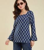 Party wear fashionable indian designer handprinted short ethnic blue short kurti
