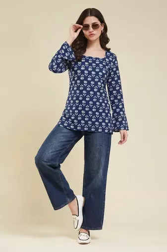 Party wear fashionable indian designer handprinted short ethnic blue short kurti