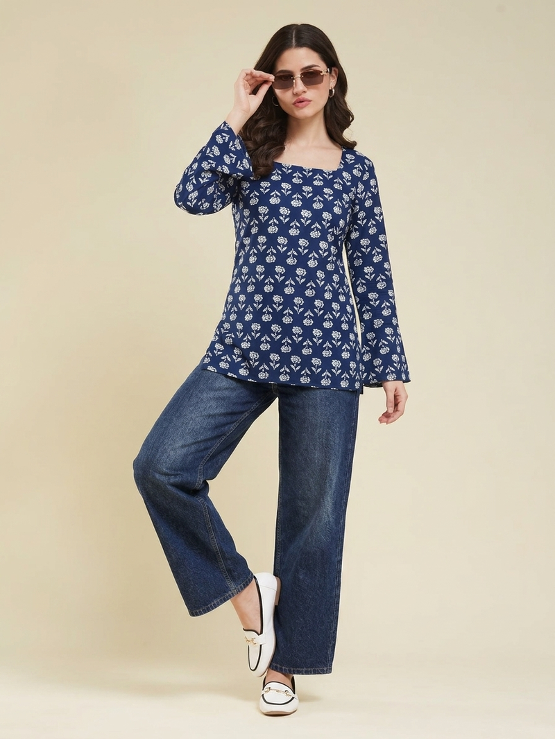 Party wear fashionable indian designer handprinted short ethnic blue short kurti