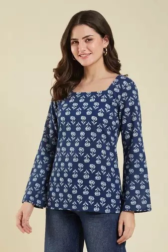 Party wear fashionable indian designer handprinted short ethnic blue short kurti