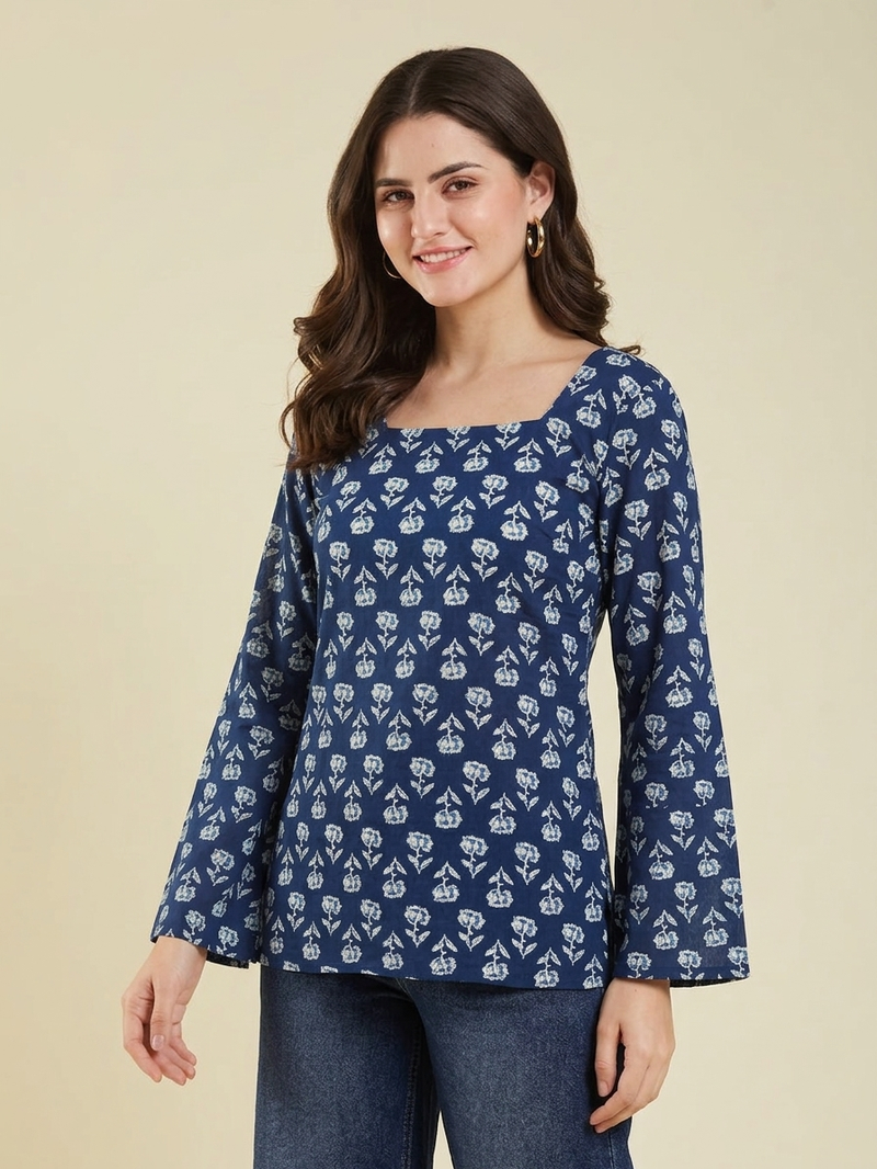Party wear fashionable indian designer handprinted short ethnic blue short kurti