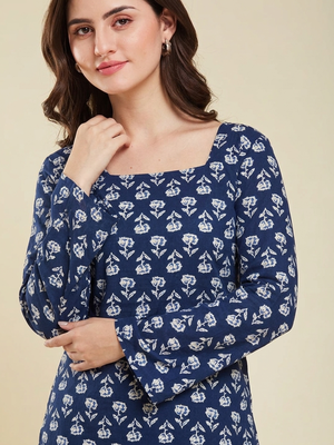 Party wear fashionable indian designer handprinted short ethnic blue short kurti 4