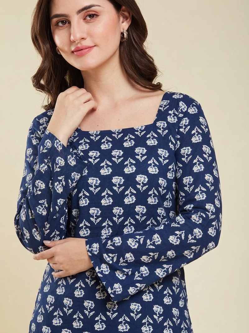 Party wear fashionable indian designer handprinted short ethnic blue short kurti