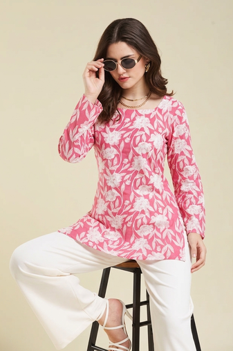 Casual wear pink floral indian handmade handprinted rayon short kurti