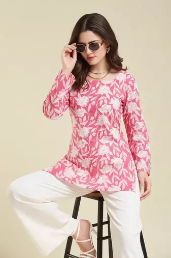 Casual wear pink floral indian handmade handprinted rayon short kurti
