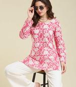 Casual wear pink floral indian handmade handprinted rayon short kurti