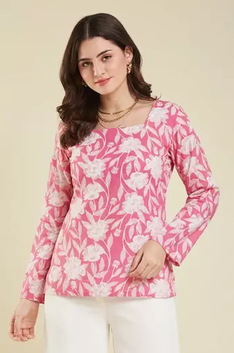 Casual wear pink floral indian handmade handprinted rayon short kurti