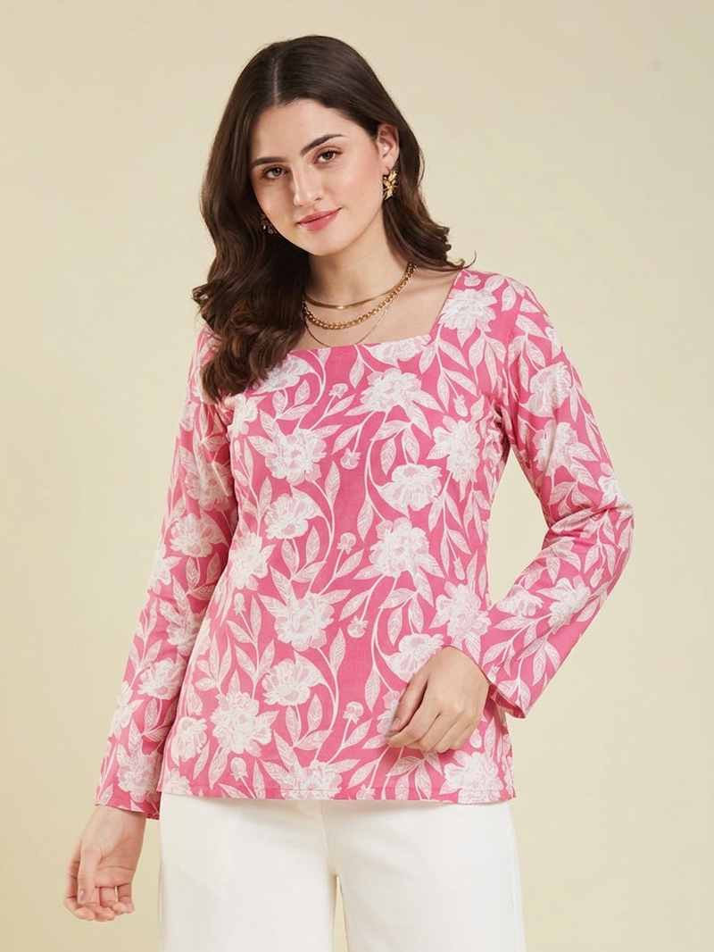 Casual wear pink floral indian handmade handprinted rayon short kurti