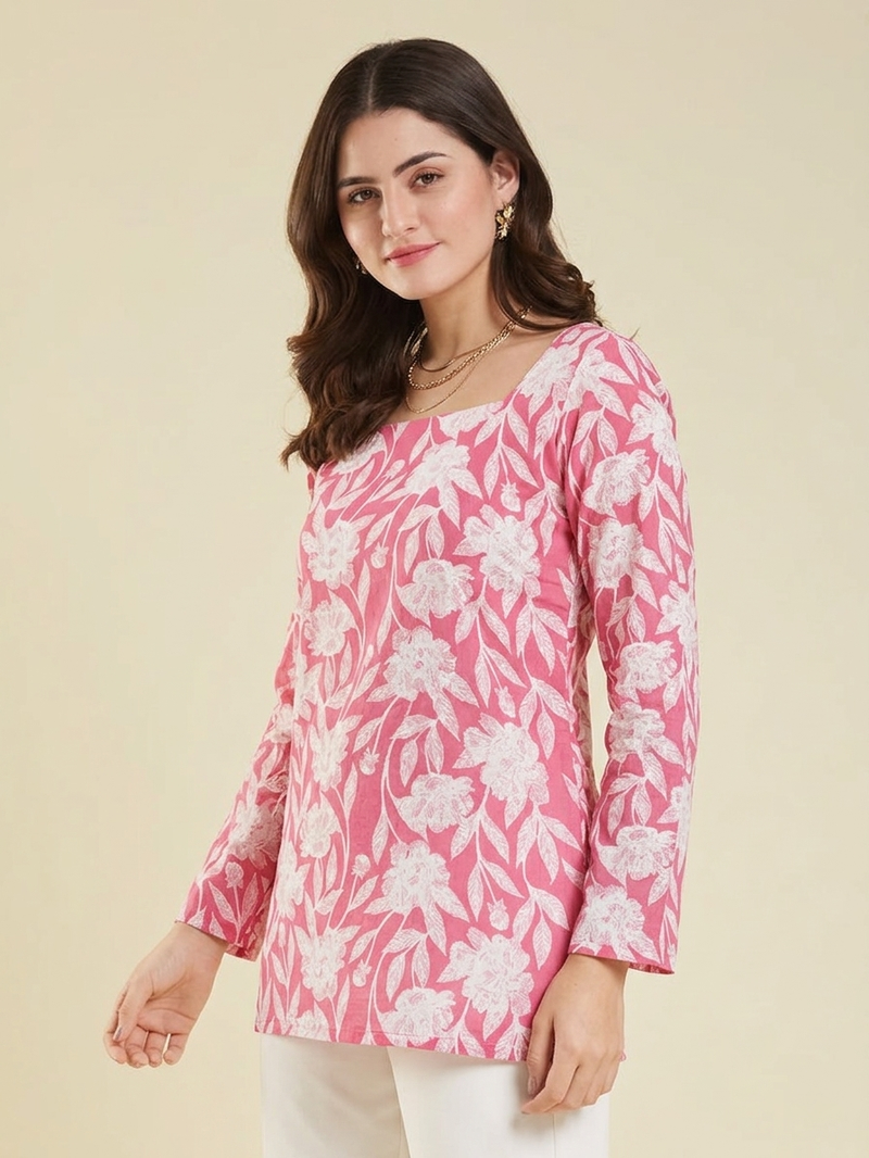 Casual wear pink floral indian handmade handprinted rayon short kurti