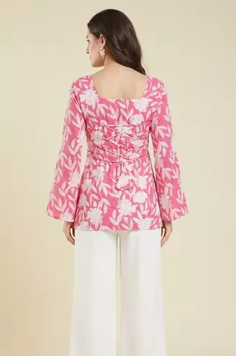 Casual wear pink floral indian handmade handprinted rayon short kurti