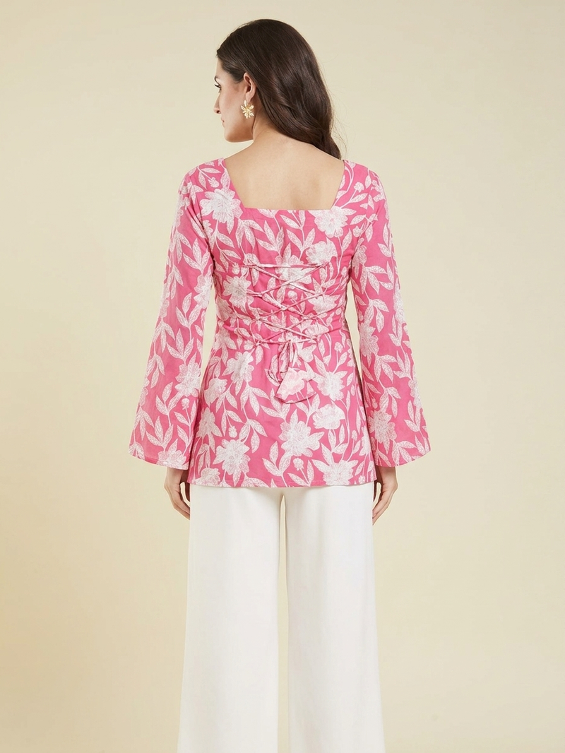 Casual wear pink floral indian handmade handprinted rayon short kurti