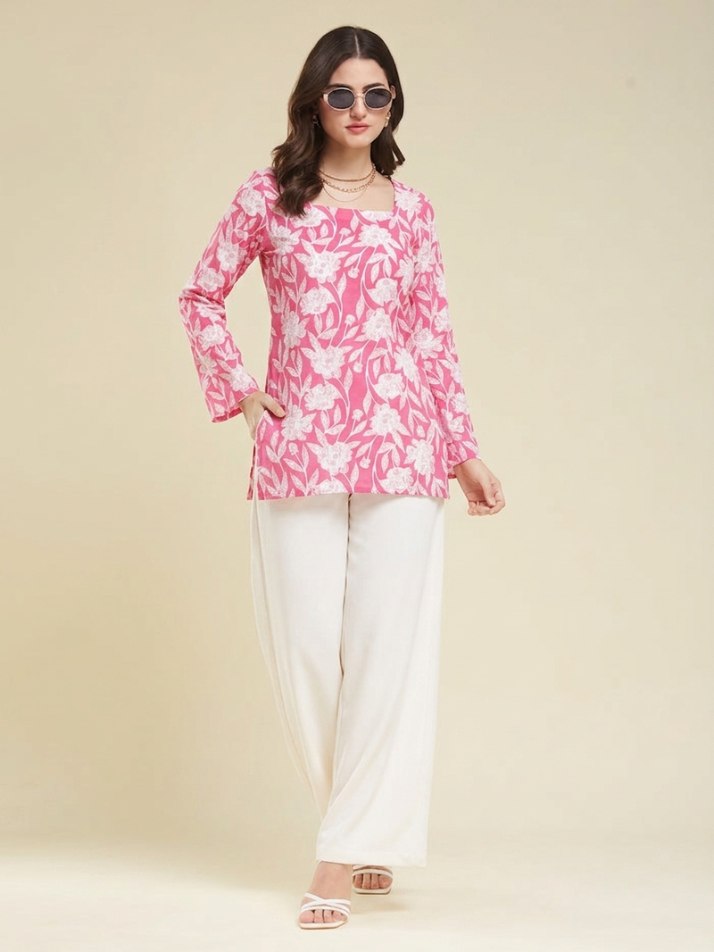Casual wear pink floral indian handmade handprinted rayon short kurti