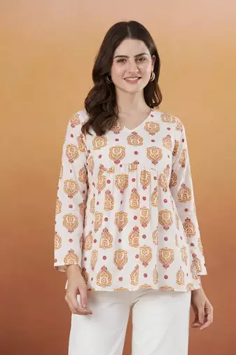 White printed designer rayon women short kurti