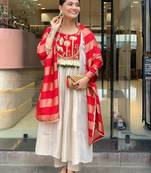 Women cream silk sequin embroidery kurta set with red jacquard silk dupatta salwar suit