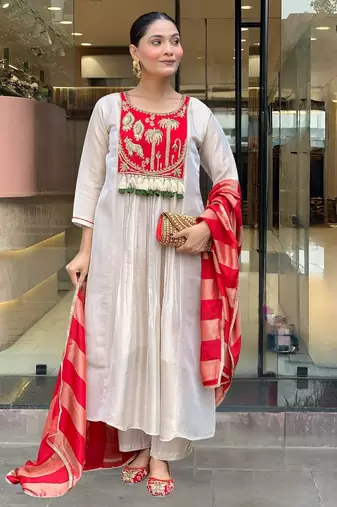 Women cream silk sequin embroidery kurta set with red jacquard silk dupatta salwar suit