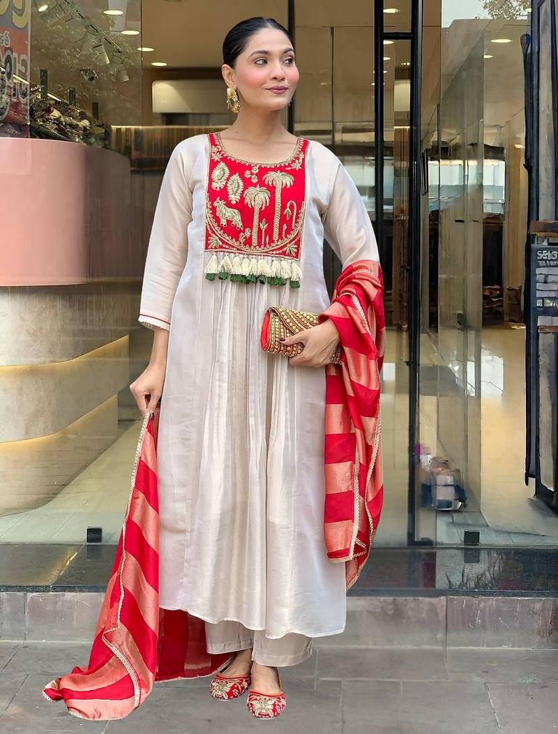 Women cream silk sequin embroidery kurta set with red jacquard silk dupatta salwar suit