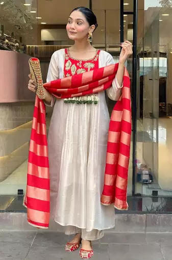 Women cream silk sequin embroidery kurta set with red jacquard silk dupatta salwar suit