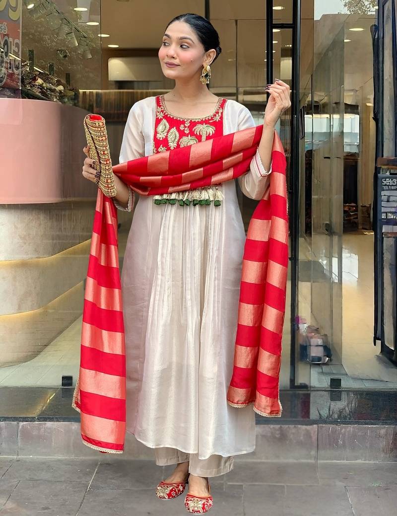 Women cream silk sequin embroidery kurta set with red jacquard silk dupatta salwar suit