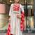 Women cream silk sequin embroidery kurta set with red jacquard silk dupatta salwar suit