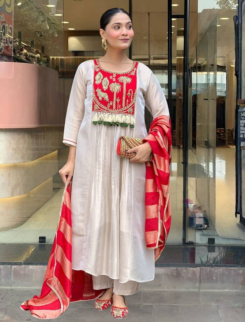 Women cream silk sequin embroidery kurta set with red jacquard silk dupatta salwar suit