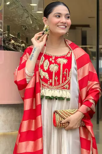 Women cream silk sequin embroidery kurta set with red jacquard silk dupatta salwar suit